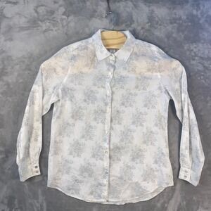 Shabby Chic Button Down Shirt Womens Size M‎ White Blue Floral 100% Linen Toile